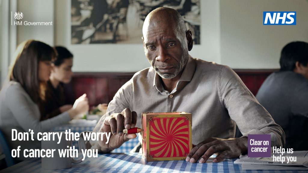 Don't carry the worry of cancer with you. Clear on cancer. Help us to help you. NHS.